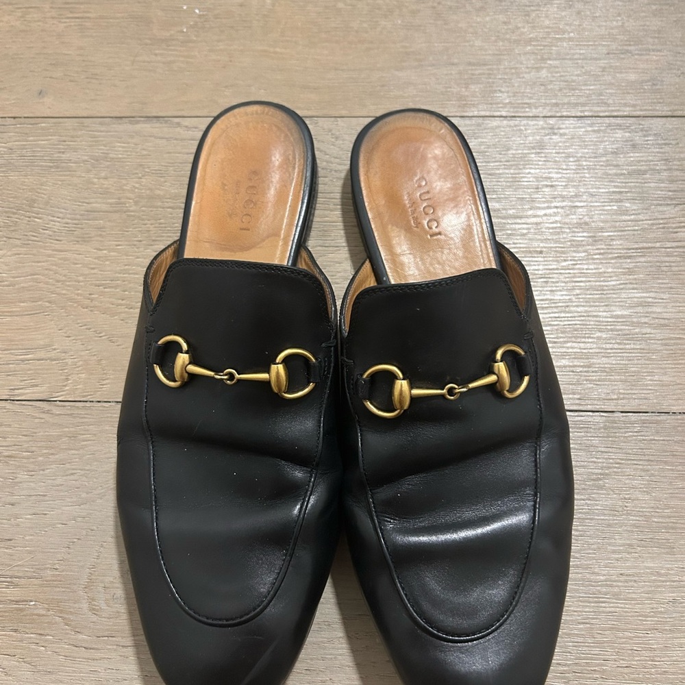 Gucci Black Leather Mules with Gold Hardware